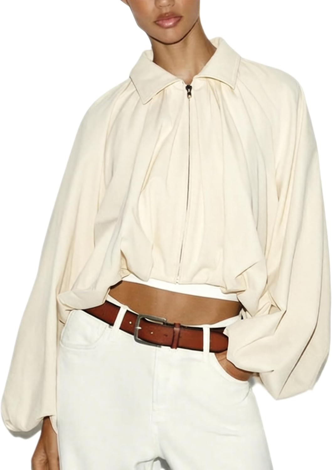 Women's Collared Full Zip Bubble Long Sleeve Cropped Jacket | Amazon (US)
