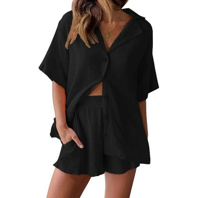 Fantaslook 2 Piece Lounge sets for women Button Down Shirts and Shorts Casual Set Short Sleeve Su... | Walmart (US)