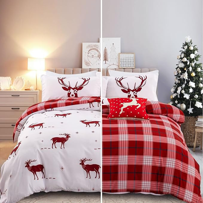 Christmas Duvet Cover Set Queen, 3 Pieces Reversible Red Plaid Reindeer Snowflake Bedding Set wit... | Amazon (US)