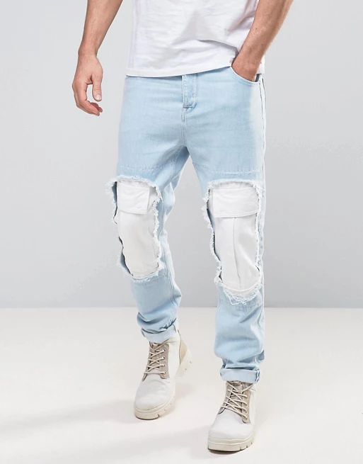 ASOS Tapered Jeans In Bleach Blue With Cargo Rip Detail | ASOS US