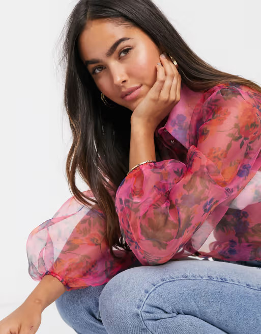 River Island floral print balloon sleeve organza shirt in pink | ASOS (Global)