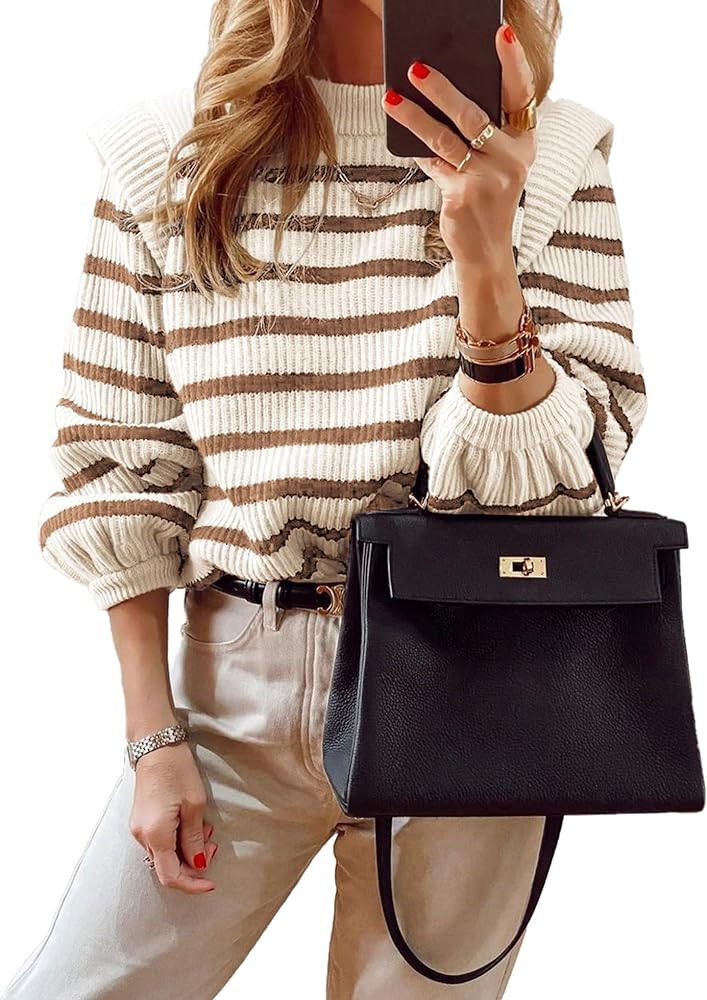 PRETTYGARDEN Women's Sweaters Casual Long Lantern Sleeve Crewneck Ribbed Knit Pullover Striped Jumpe | Amazon (US)