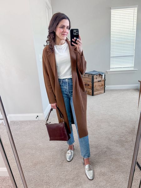 Monday’s #ootd | Daily Look | white tee (sized up to L), straight crop Jean (tts), long coat, handbag, silver metallic loafers (tts) 

#LTKstyletip