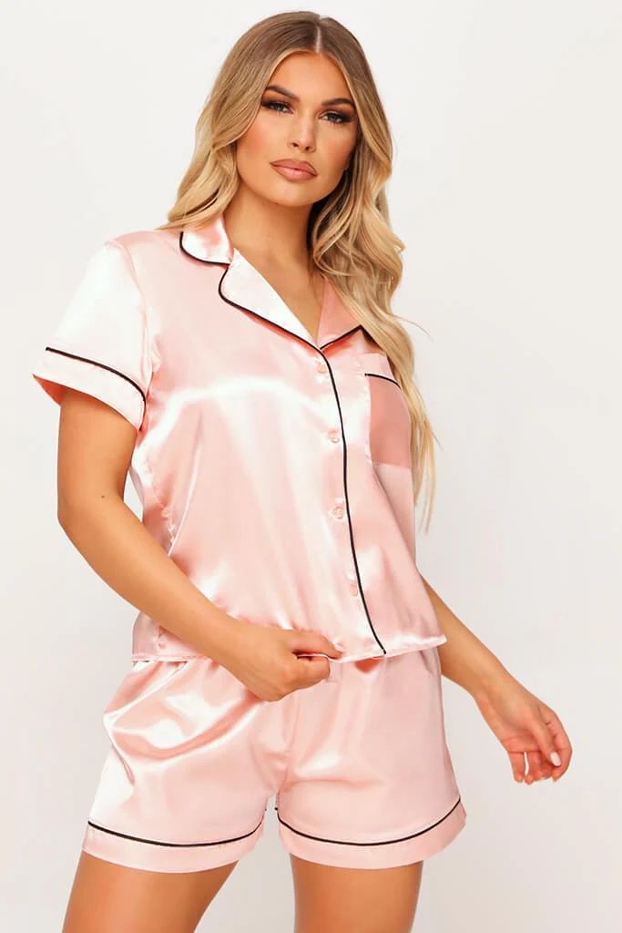 Blush Pink Short Sleeve Satin Piped Pyjama Set | ISAWITFIRST