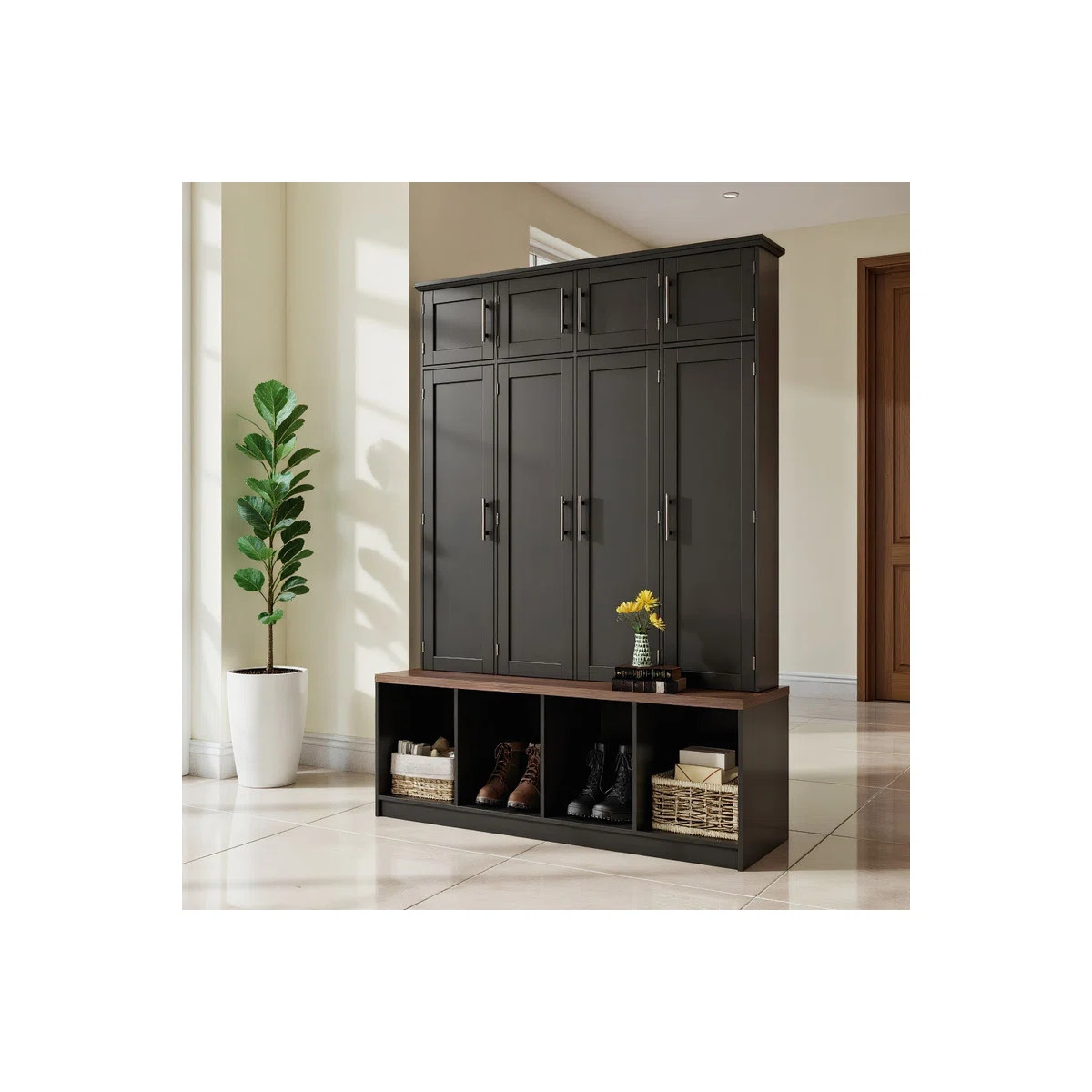 4-in-1 Entryway Hall Tree with Bench & Storage \u2013 Walnut Finish, 8 Cabinets, 4 Open Compartme... | Wayfair North America