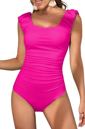 Eomenie Womens One Piece Swimsuits Puffy Sleeves Tummy Control Bathing Suit Twist Back Swimwear Hot Pink | Amazon (US)