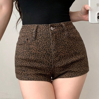 Women's Leopard Print Mini Shorts, Minimalist Front Button Pockets Denim Shorts | SHEIN