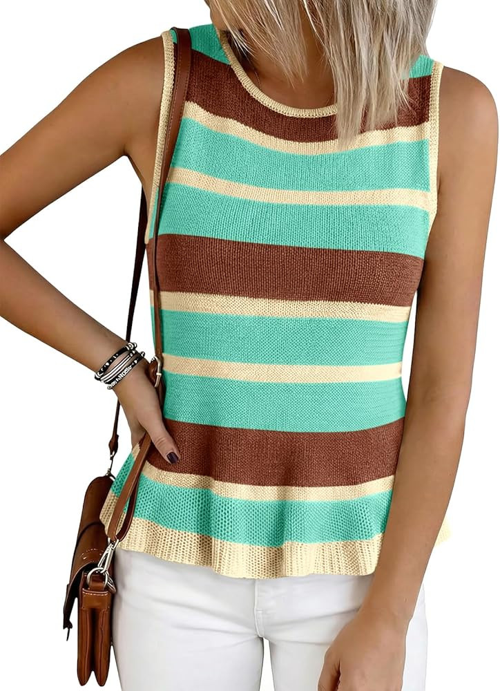 Cicy Bell Womens Striped Sweater Vest Summer Casual Sleeveless Ruffle Knit Tank Tops Crew Neck Li... | Amazon (US)