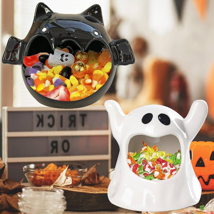 2 Pack Halloween Ceramic Candy Bowls, Ghost & Bat Candy Holder Containers | Amazon (US)