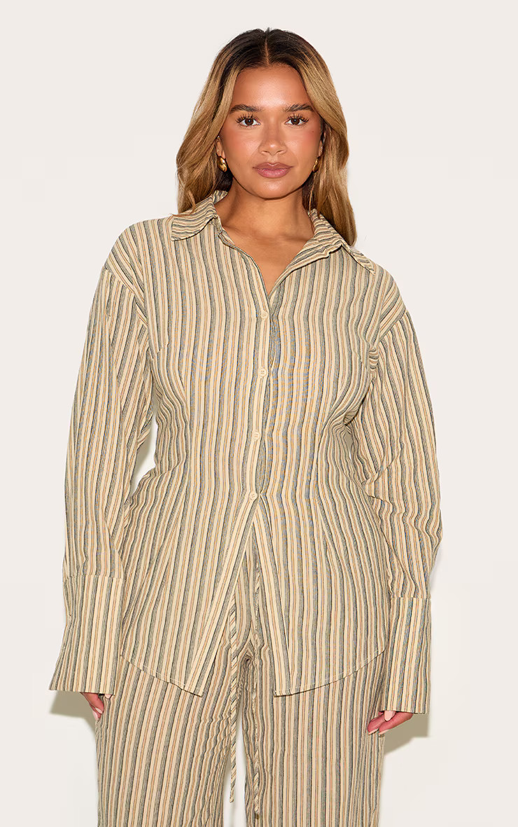 Shape Olive Striped Lace Up Cinched Back Button Front Shirt | PrettyLittleThing US