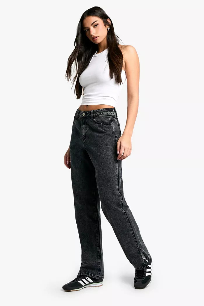 Boohoo Basics High Waisted Split Hem Straight Leg Jeans | Boohoo.com (UK & IE)