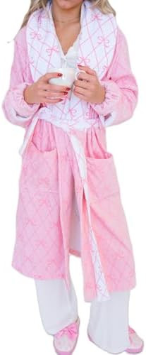 Muineobuka Women Cute Bow Fuzzy Robe Y2K Christmas Hooded Bathrobe Collared Plush Fleece Robe Wit... | Amazon (US)