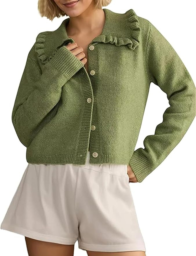 Womens Ruffle Cropped Sweater Open Front Outerwear Elegant Long Sleeve Knitted Cardigan Solid But... | Amazon (US)