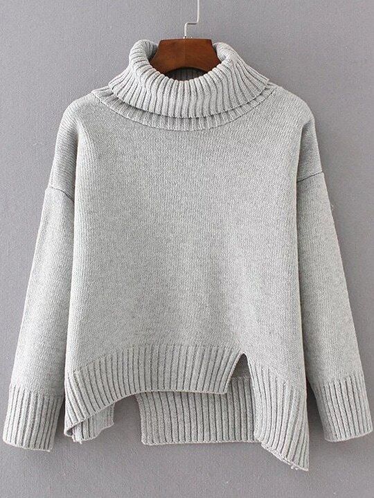 Grey Ribbed Trim Turtleneck Asymmetrical Sweater | Romwe