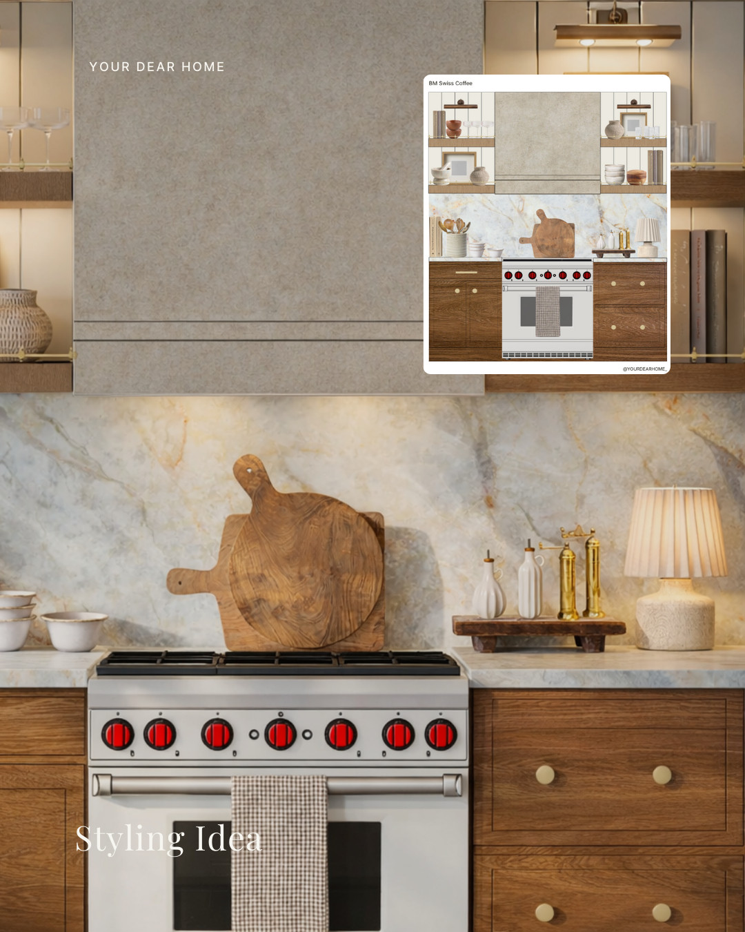 This kitchen countertop styling leans a little moodier. A small lamp, layered wood tones, and a few things I actually use make the counter feel cozy, especially in the evenings. Nothing fussy just simple styling that works day to day. 

 #LTKHome