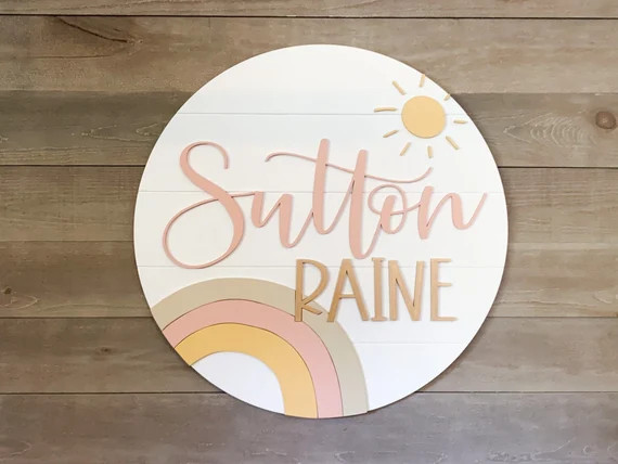 24" Custom rainbow sunshine wooden  Name Sign | Round Sign | Floral | shiplap | Boho nursery deco... | Etsy (US)
