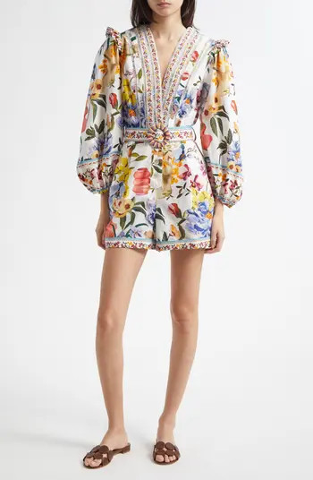 Greek Garden Long Sleeve Plunge Neck Cotton Romper | Nordstrom