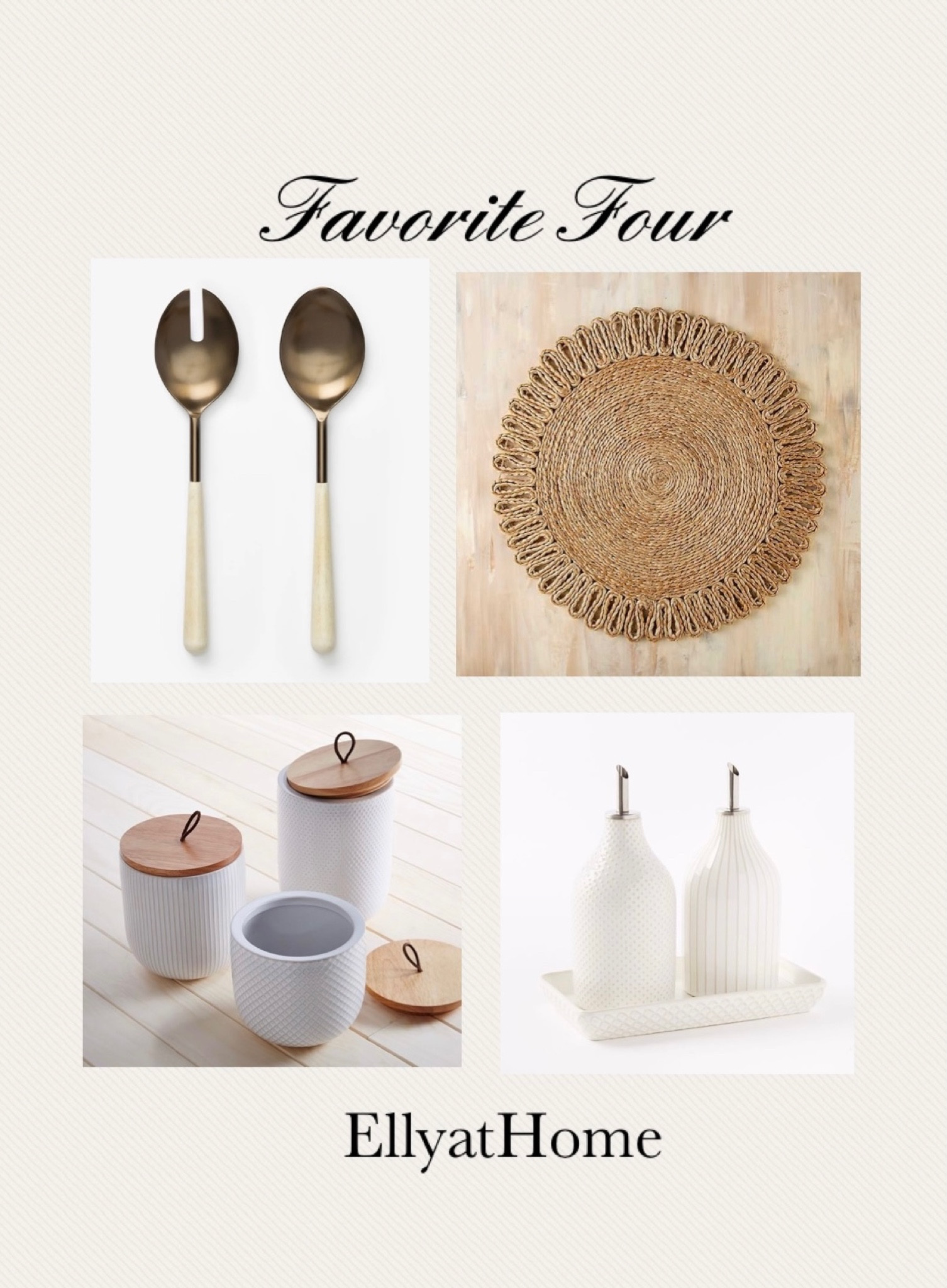 Favorite four kitchen accessories. Utensils, rattan, woven placemat, kitchen canisters, oil and vinegar set. McGee & Co, Walmart, West Elm. Or choose more neutral kitchen accessories. 

#LTKhome #LTKunder50 #LTKsalealert