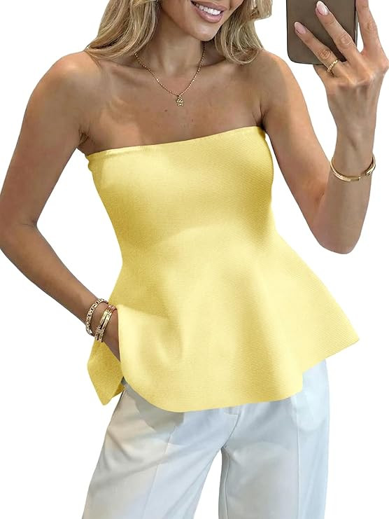 Saodimallsu Womens Peplum Tube Tops Sleeveless Strapless Bandeau Tank Top 2026 Summer Cute Ruffle... | Amazon (US)