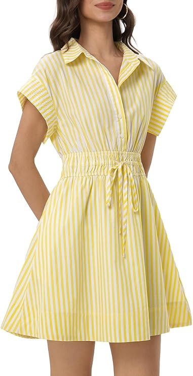 EZAPINE Women Summer Striped Dresses Short Sleeve Mini Shirt Dress Casual A-line Sundress with Dr... | Amazon (US)