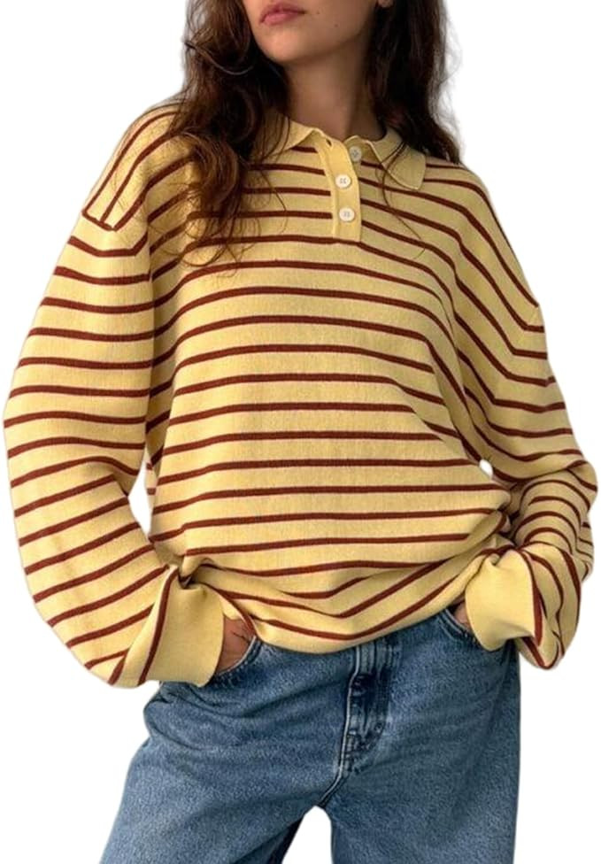 Women Y2K Oversized Striped Polo Sweater Vintage Aesthetic Preppy Knit Pullover Tops Long Sleeve ... | Amazon (US)