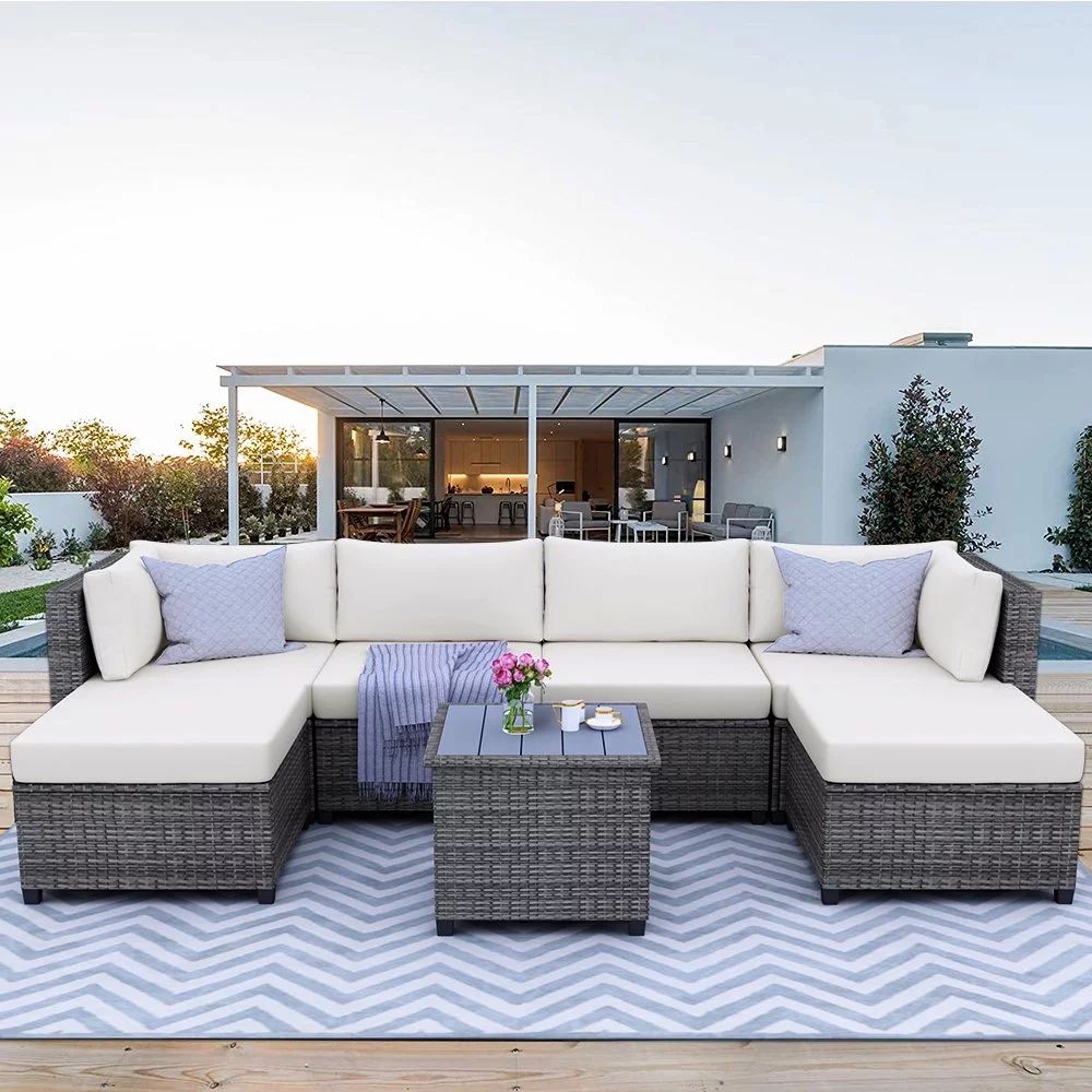 7 Piece Rattan Sectional Sofa Set, Outdoor Conversation Set, All-Weather Wicker Sectional Seating... | Walmart (US)