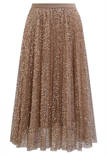 Gilded Glow Sequin Embellished Mesh Tulle Midi Skirt | Chicwish