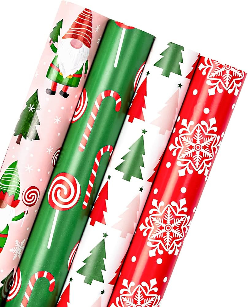 WRAPAHOLIC Christmas Wrapping Paper Roll - Red, Green and Pink Christmas Gnome Elf Holiday Collec... | Amazon (US)