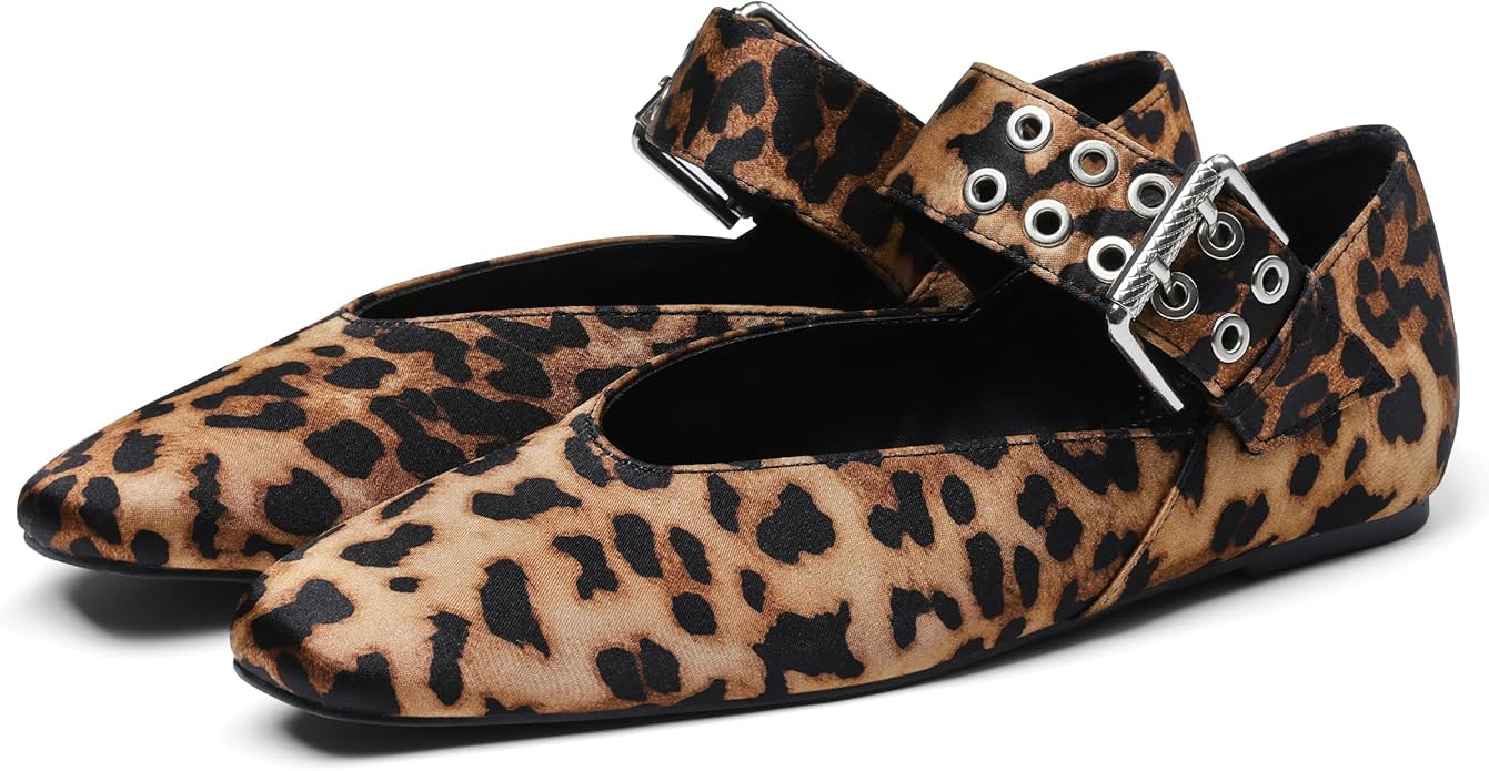 Ballet Flats for Women Square Toe Ballerina Flats Buckle Strap Leopard Print Flats Casual Dress M... | Amazon (US)
