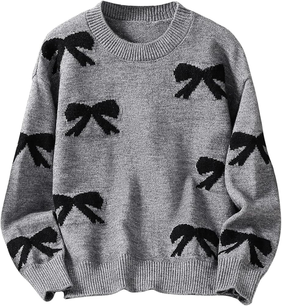 Girl's Cute Bow Sweater Crew Neck Long Sleeve Drop Shoulder Loose Pullover Tops | Amazon (US)