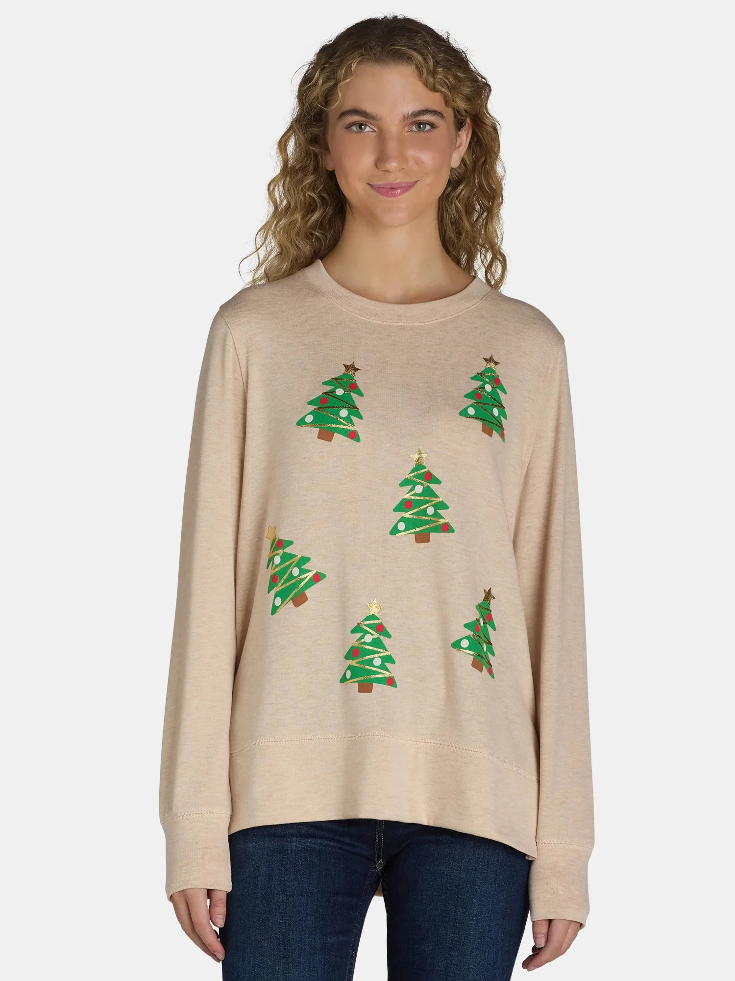 Women's Christmas Twinkle Trees Graphic Crewneck Hacci Sweater Top from Holiday Time, Sizes S-XXX... | Walmart (US)