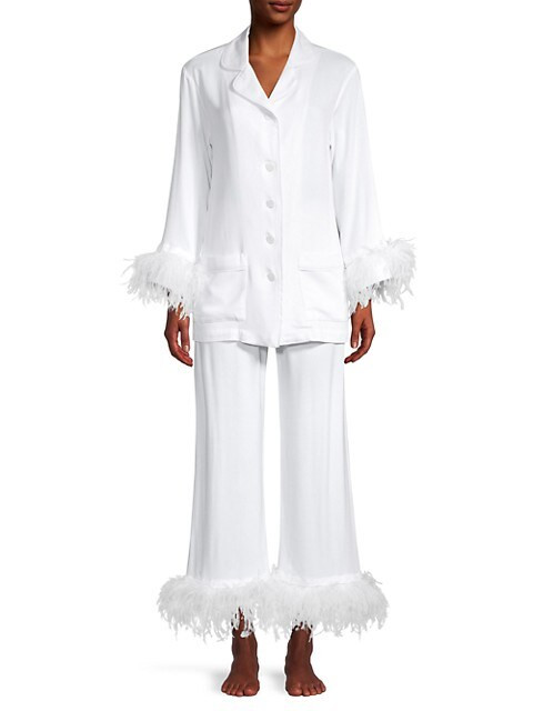 Party Ostrich Feather-Trim 2-Piece Pajama Set | Saks Fifth Avenue