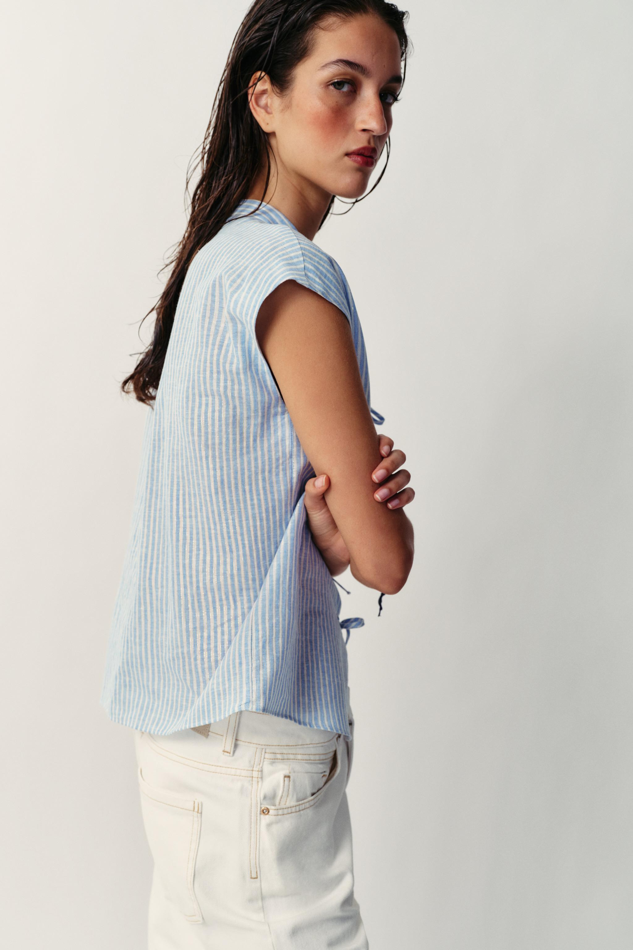METALLIC THREAD STRIPED BLOUSE WITH BOWS | Zara UK