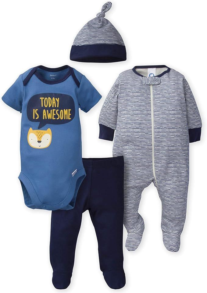 Gerber Baby Boys' 4-Piece Sleep 'N Play, Onesies, Pant and Cap | Amazon (US)