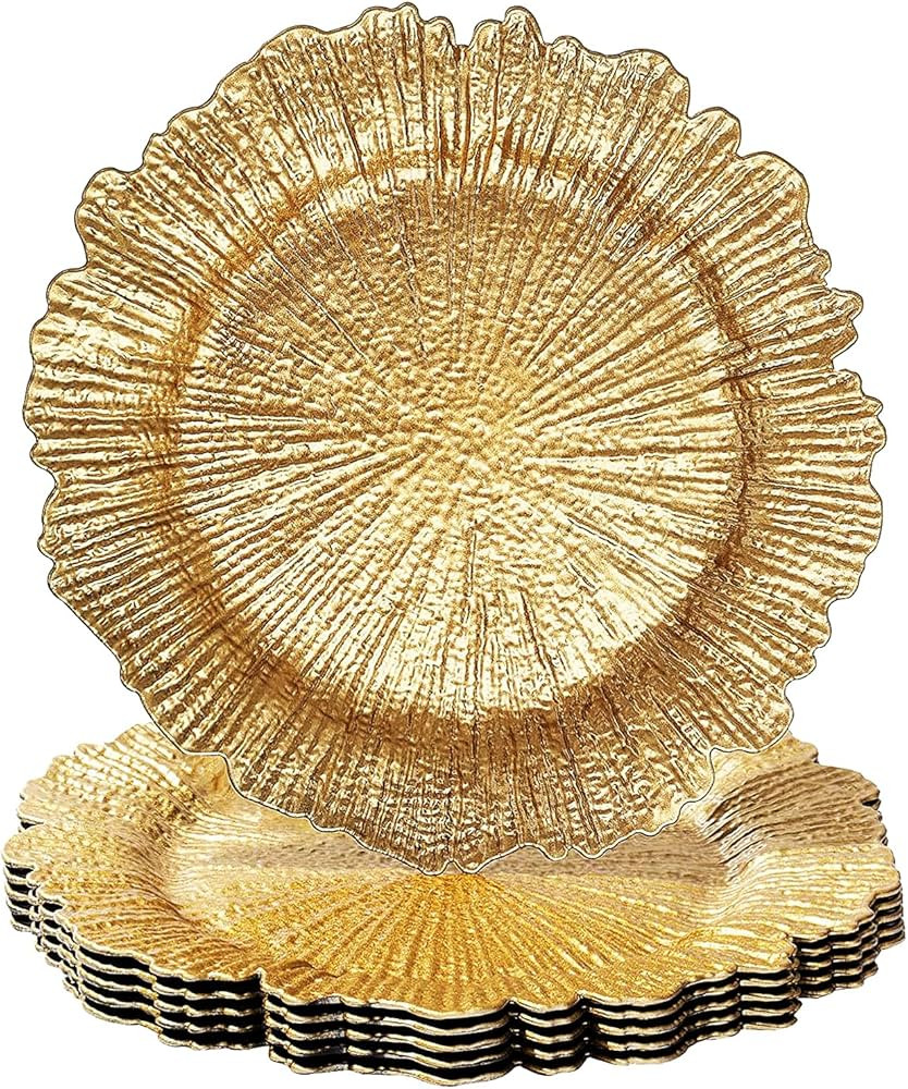Gold Charger Plates Set - 13” Vintage Plastic Dinnerware Set - Reusable Elegant Serving Plates ... | Amazon (US)