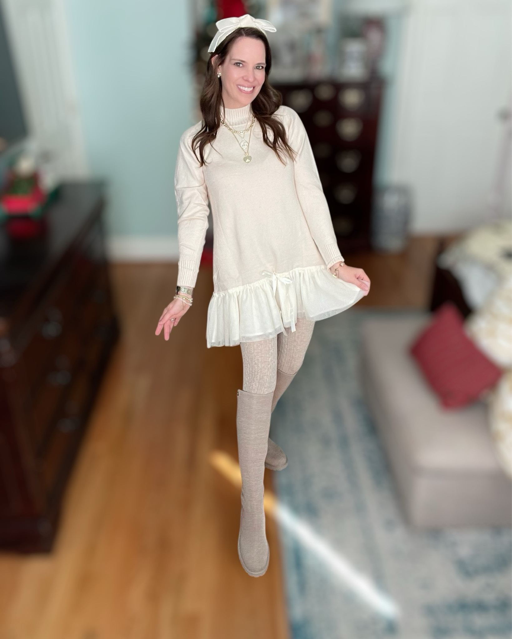 Cozy Tulle-Hem Sweater Dress + Pearl Holiday Accessories 🤍✨

The sweetest winter outfit — this cozy turtleneck sweater dress with the tulle hem is from Amazon (wearing size XS) and it is such a girly, festive look for Christmas photos, holiday parties, or a winter date night 🤍✨ I paired it with cable sweater tights, my tall knit boots, a big bow headband, and layered gold + pearl jewelry to keep everything soft and elegant. My BaubleBar bracelets are on sale for $10 and make the perfect stacking moment! Such a comfy but dressed-up winter outfit.

amazon holiday outfit, christmas outfit idea, winter sweater dress, tulle hem dress, girly holiday look, neutral winter style, amazon finds outfit, december outfit ideas, cozy neutral look, gold jewelry layered, big bow headband, cable tights outfit, feminine winter style 🤍🎀 thanksgiving outfit, Christmas outfit, cyber week, Black Friday, gift ideas 

#LTKHoliday #LTKGiftGuide #LTKCyberWeek