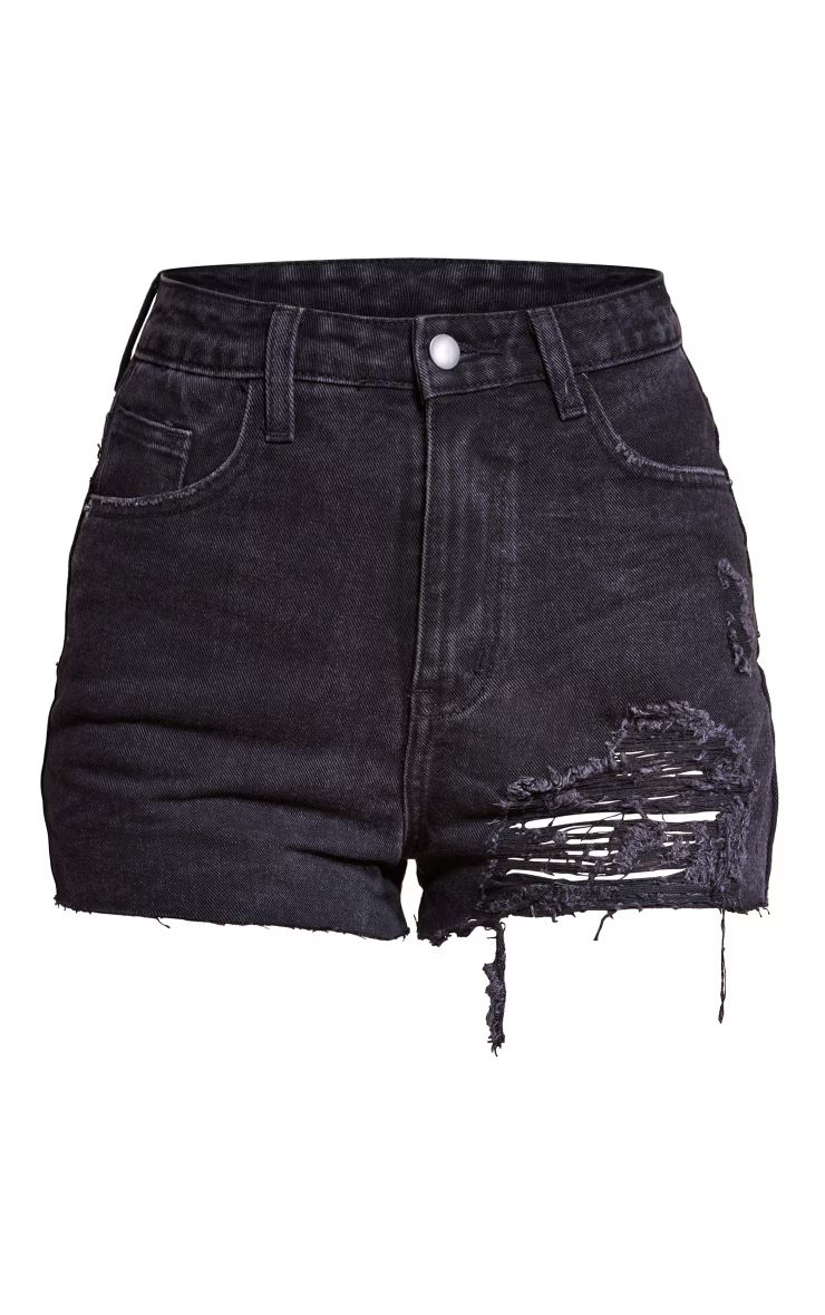 PRETTYLITTLETHING Washed Black Ripped Denim Mom Shorts | PrettyLittleThing US