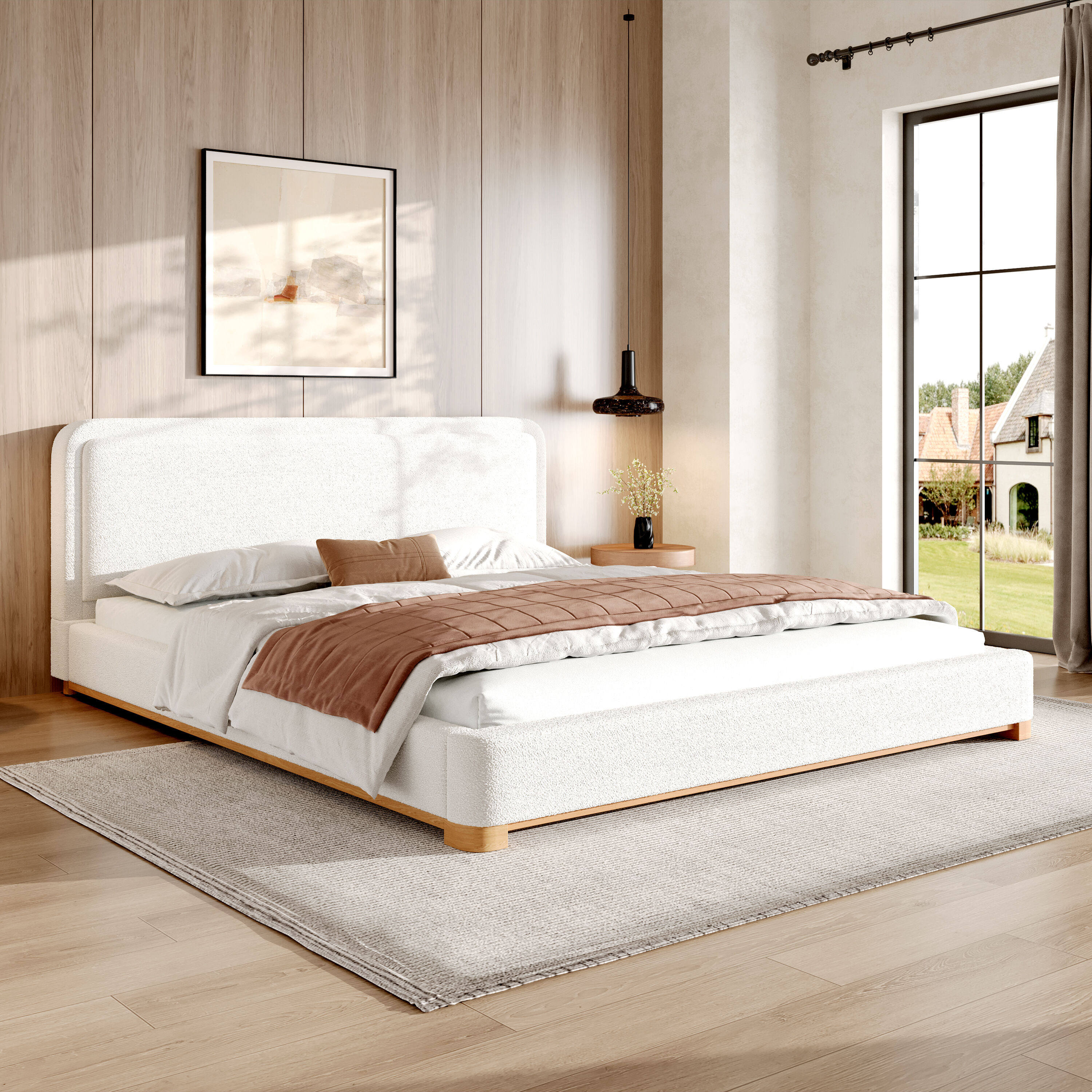 Christopher Knight Home Dovian Modern King Size Boucle Upholstered Bed Frame with Curved Headboard and Solid Wood Base and Legs White one_size | Lowe's