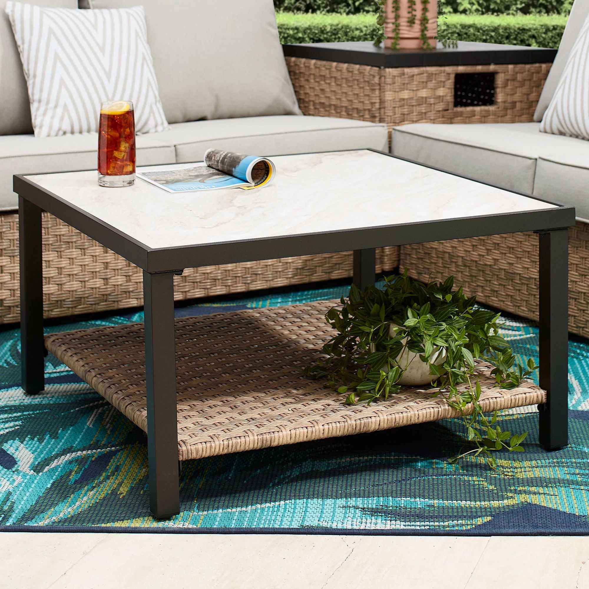 Better Homes & Gardens River Oaks Tile Top Coffee Table with All-Weather Wicker Shelf, White | Walmart (US)