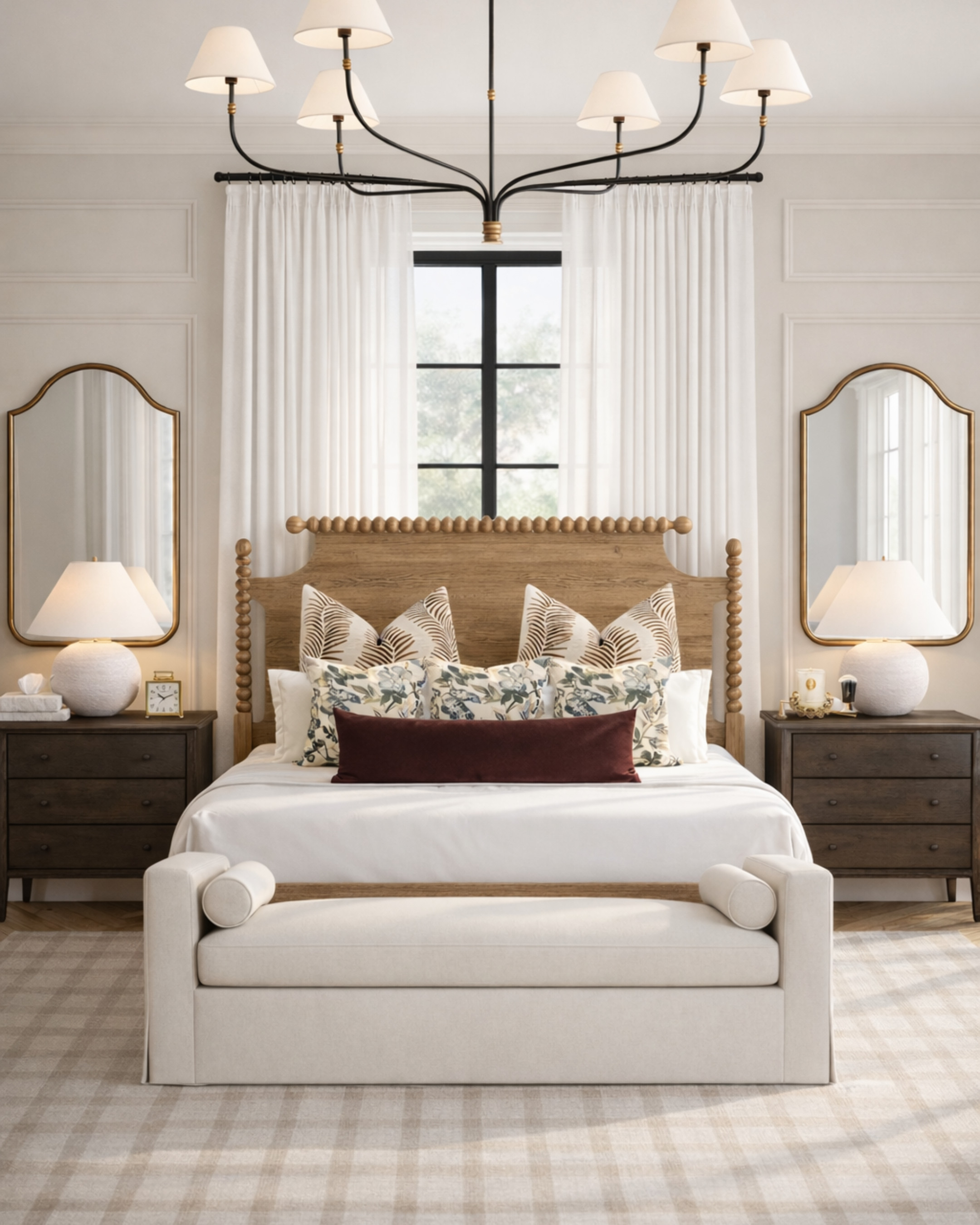 There is a common misconception that vacation homes have to be on theme with the area they are in. Second homes are just as much of an expression of you as your primary residence is! 
When approaching second homes, I do like to use the surrounding area as inspiration and bring the outdoors in. This lake house primary suite incorporates warm wood tones and neutrals, but also feels polished and true to the owners style. The chandelier has a classic style and finish, the brass/gold finish on the mirrors adds an element of glam, and the pinch pleat curtain brings a bit of the city to the lake. 
Overall this space feels warm yet styled, and feels true to its setting while also staying true to the owners more classic style!

#lakehousechic #vacationhomedecor #warmwoodtones #turnedwoodbed #jennylindstylebed #darkwoodnightstand #potterybarnchandelier 

 #LTKHome