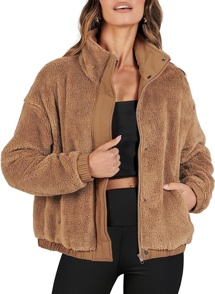 ANRABESS Women Sherpa Fleece Jackets Casual Long Sleeve Buttons Cropped Coat Winter Outwear | Amazon (US)