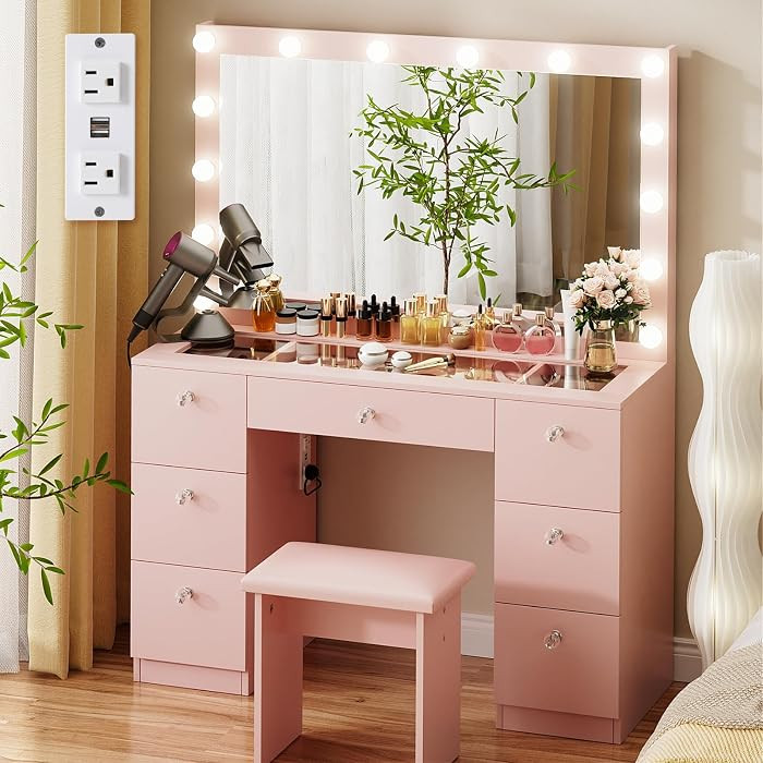 VOWNER Vanity with Lighted Mirror - Glass Top Makeup Vanity Desk with 7 Drawers and Power Outlet,... | Amazon (US)