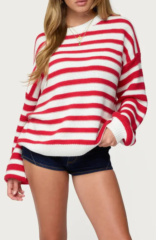 EDIKTED Aerin Oversize Stripe Cotton Sweater in Red-And-Cream at Nordstrom, Size X-Large | Nordstrom