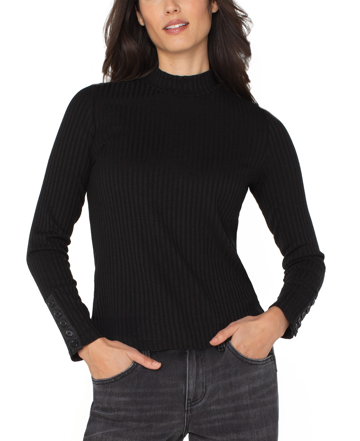 Liverpool Los Angeles Petite Long Sleeve Mock Neck Knit Top - Black | Macy's