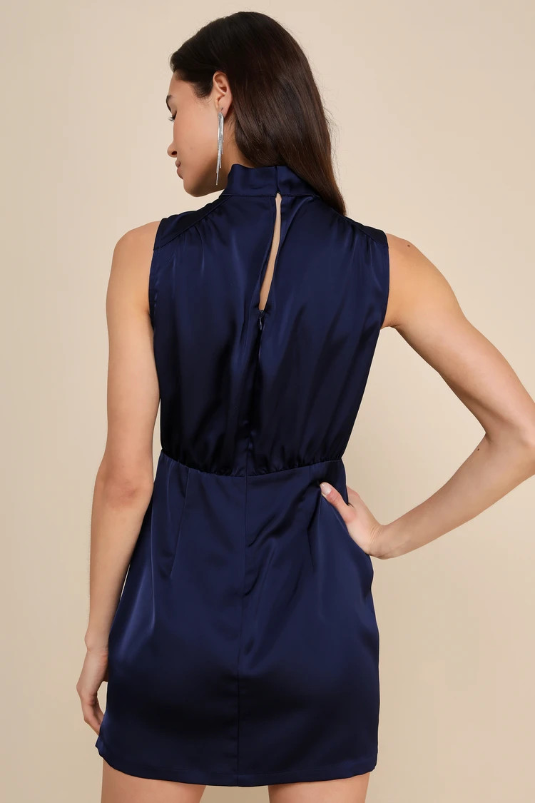 Classic Elegance Navy Satin Sleeveless Mock Neck Mini Dress | Lulus