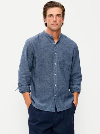 Classic Fit Banded Collar Linen-Blend Shirt | Old Navy (US)