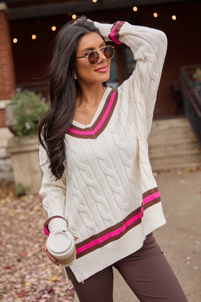 Paris Pink And Brown Varsity Stripe Cable Knit V-neck Pullover | Pink Lily
