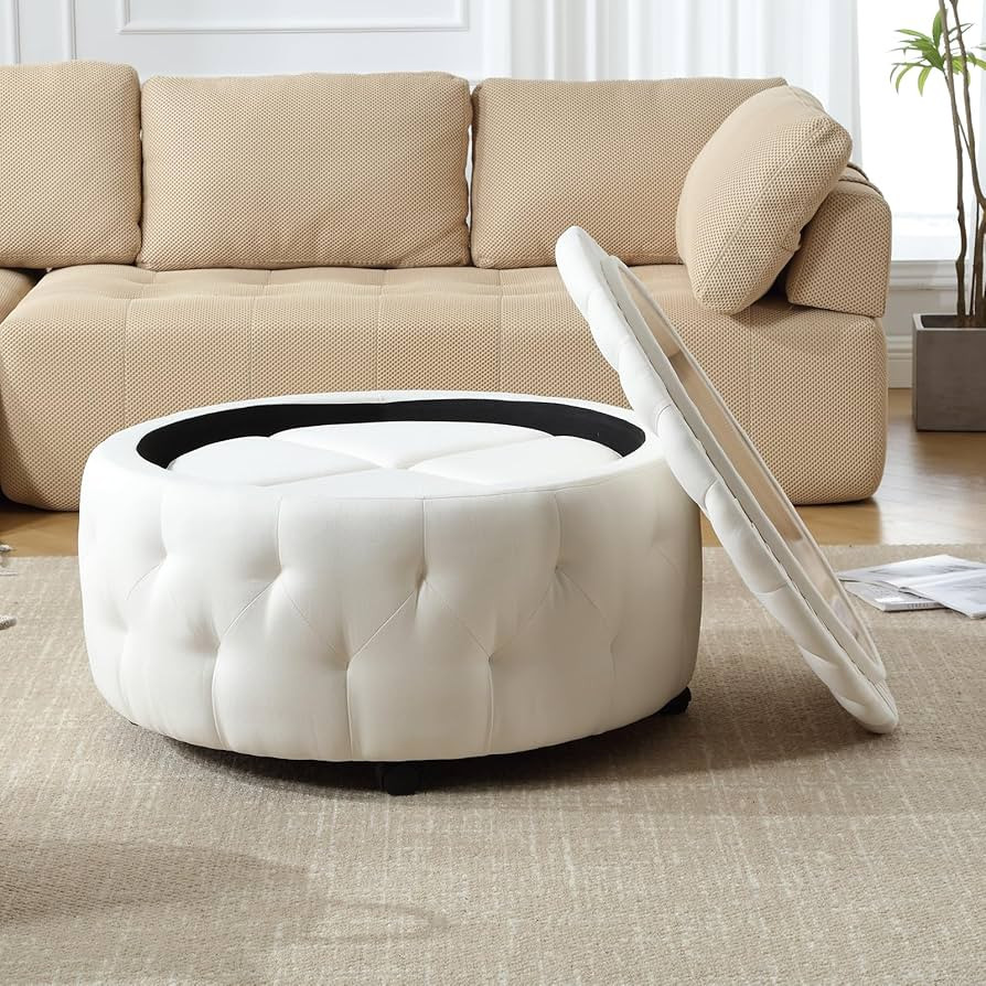 INZOY 36" Wide Storage Ottoman Large with 4 Wheels,Tufted Round Rolling Ottoman with Removable Li... | Amazon (US)