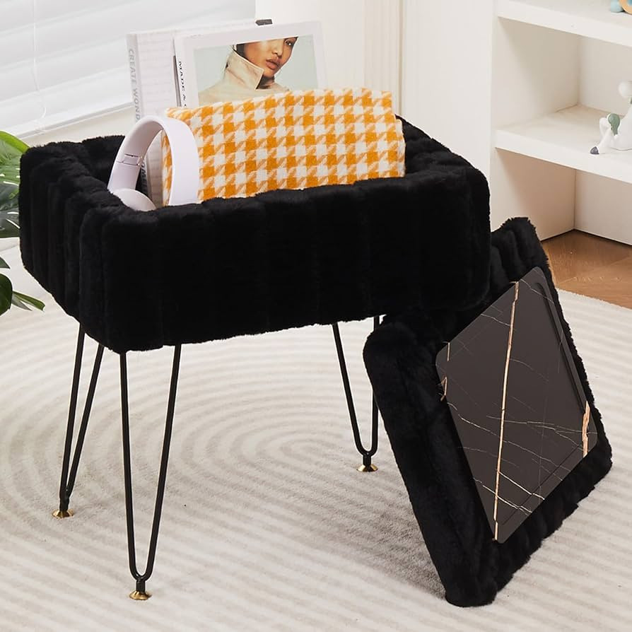 Wimarsbon Faux Mink Fur Ottoman, Black, 16.5 in L x 12 in W x 18 in H, 250 lb Capacity | Amazon (US)