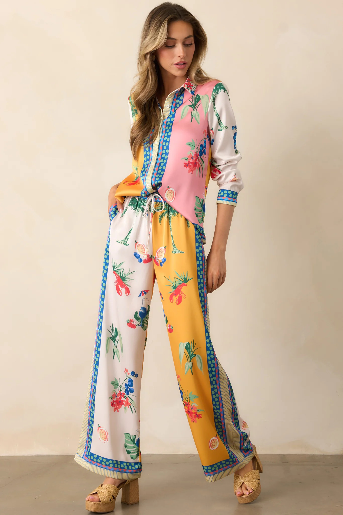 Breathing Deep Yellow Colorblock Coastal Print Drawstring Pants | Red Dress